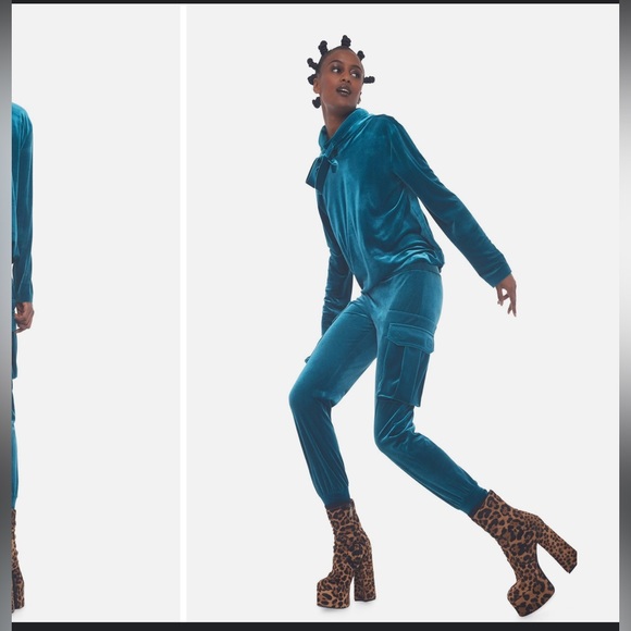 Norma Kamali size small bf hooded sweatshirt teal velvet - Picture 5 of 6